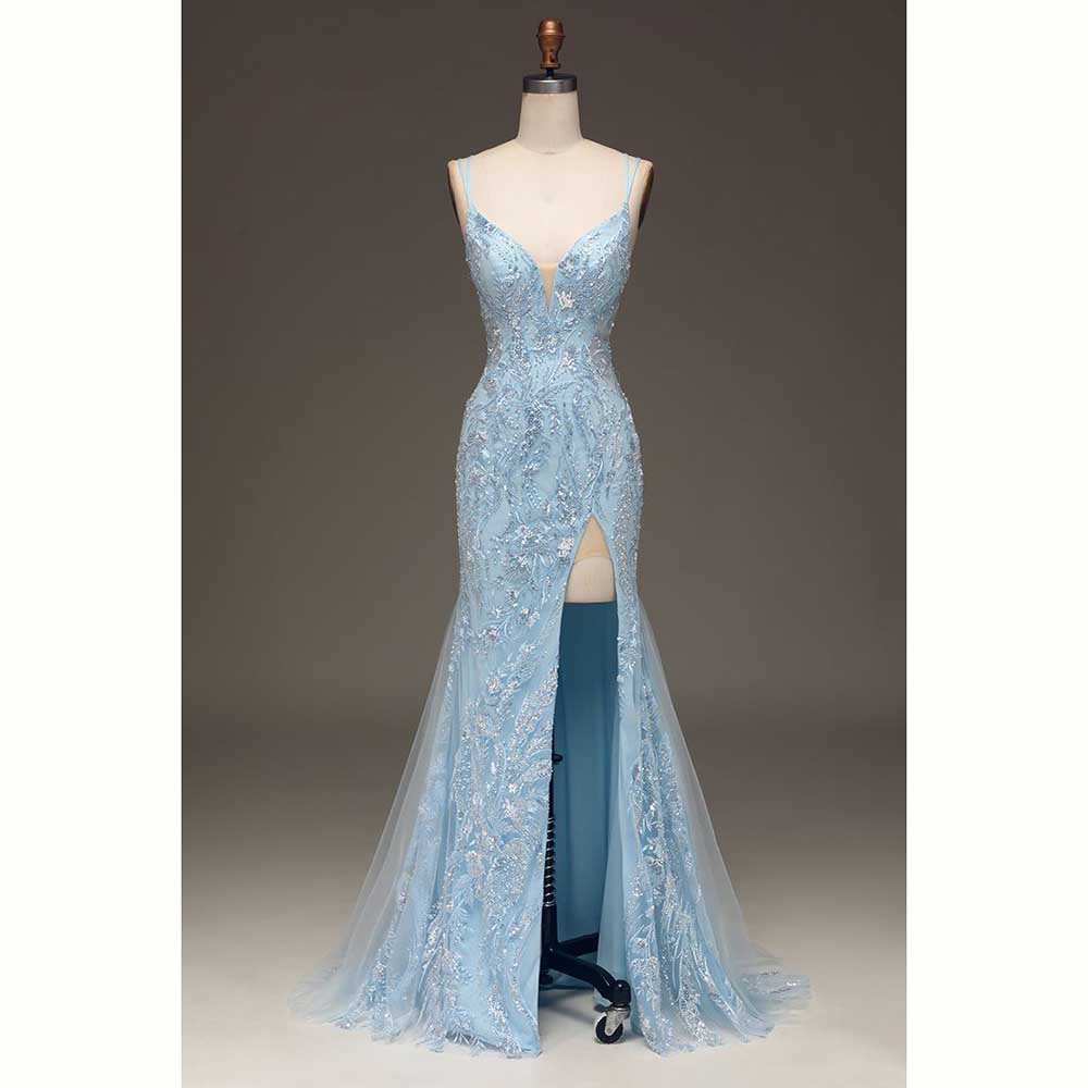 Elegant Satin Evening Gown Split - Elegant Light Blue Satin Women Evening