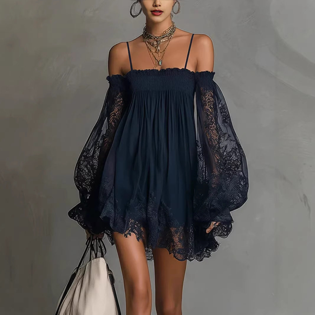 French Vintage Floral Midi Dress - Off Shoulder Women Mini Dress Elegant