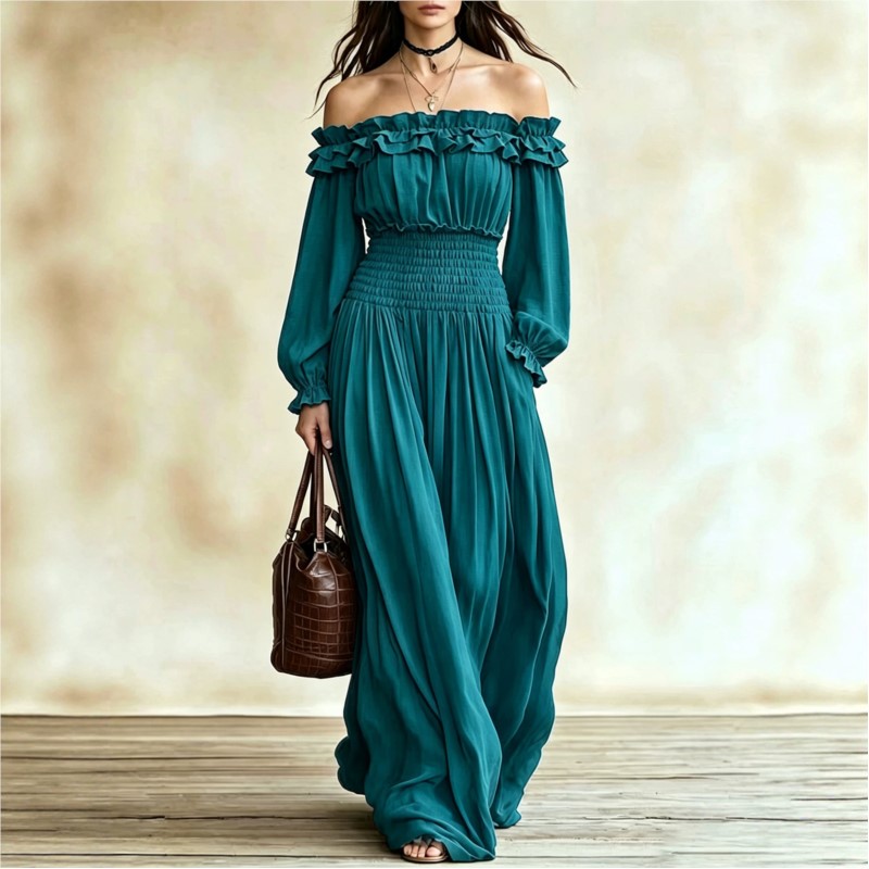 Off Shoulder Puff Sleeve Sundress - Off Shoulder Fashion Maxi Dresses Women
