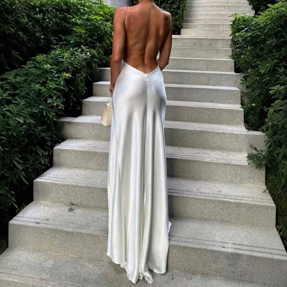 White Satin Maxi Evening Dress - Elegant Satin Evening Gown Split review and price