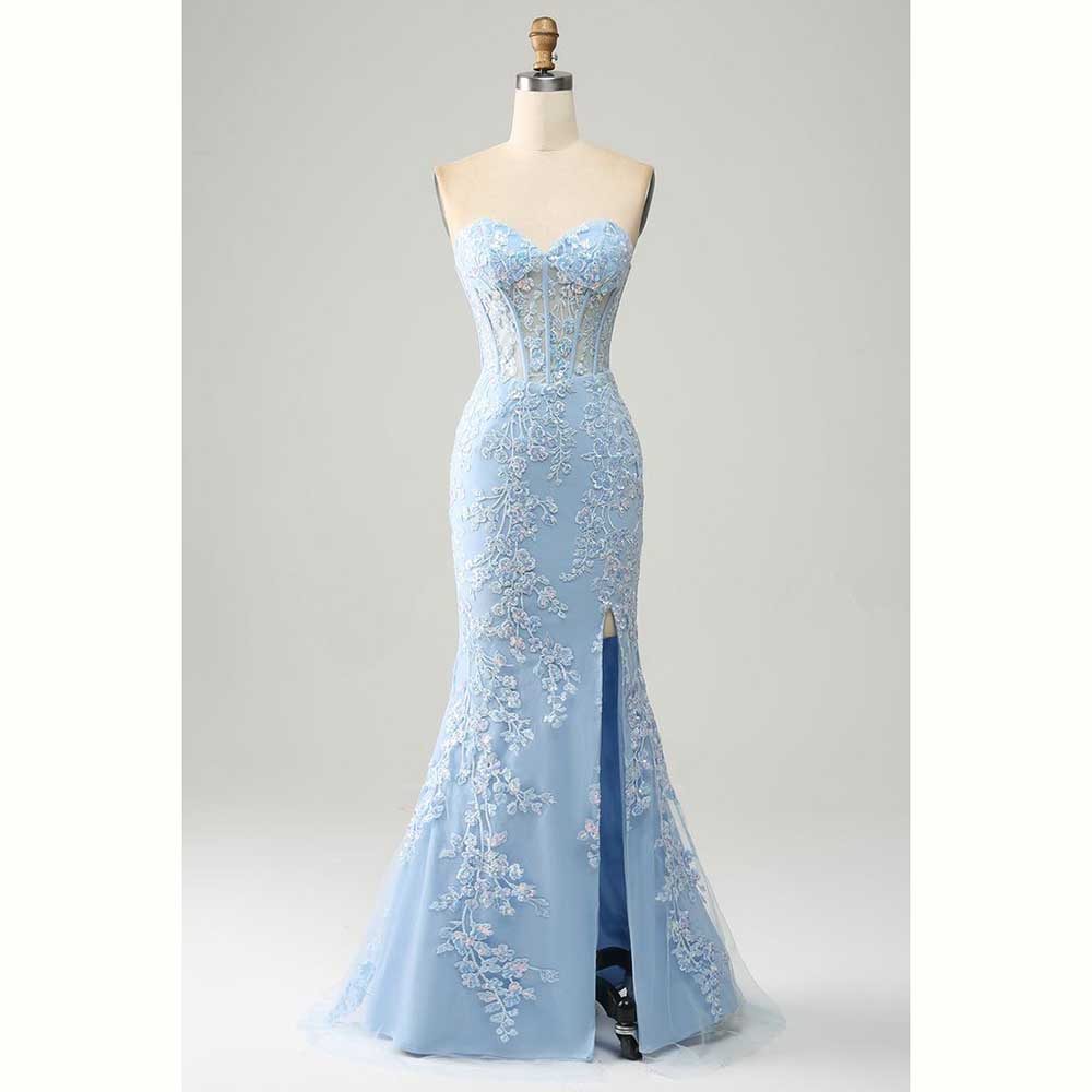 Elegant Light Blue Satin Women - Elegant Satin Evening Gown Split review and price