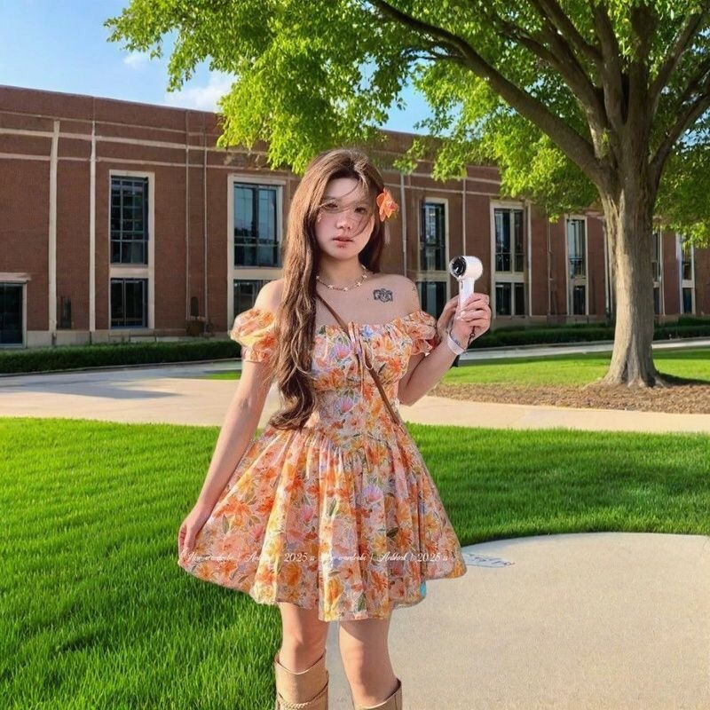 2026 new Orange Floral Print O - Off Shoulder Puff Sleeve Sundress review and price