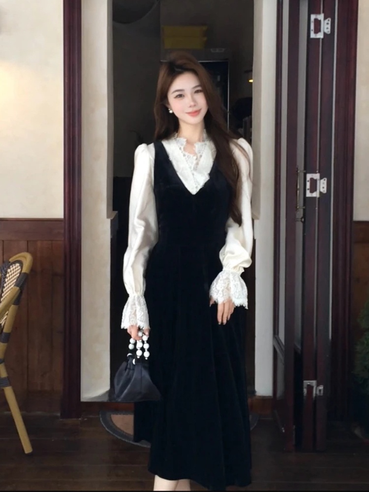 XZY Chic Lace Patchwork Silk S - Korean Style A Line Shirt Dress review and price