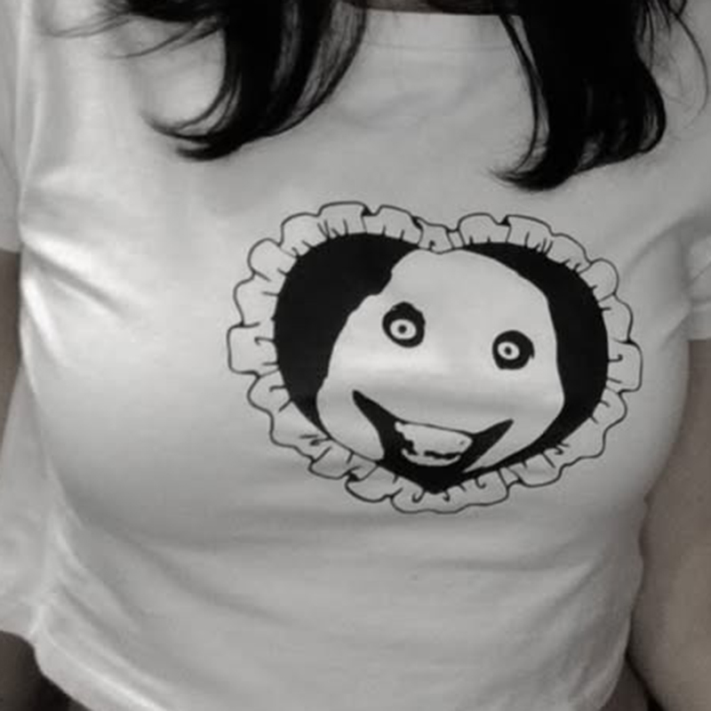Goth Weird Face Heart Graphic  - Y2K Graphic Baby Tee Crop review and price