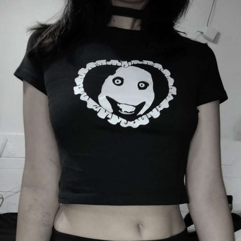Goth Weird Face Heart Graphic  - Y2K Graphic Baby Tee Crop review and price