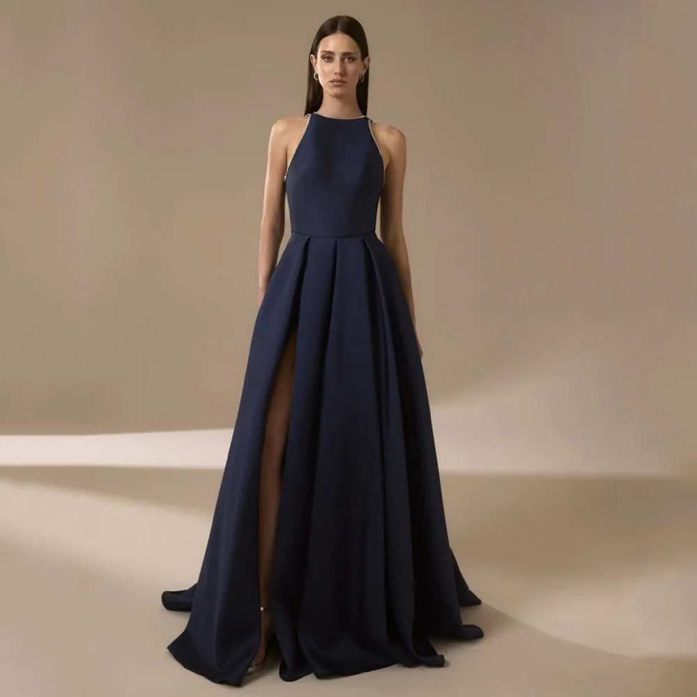 Navy Blue Satin Evening Dresse - Elegant Satin Evening Gown Split review and price